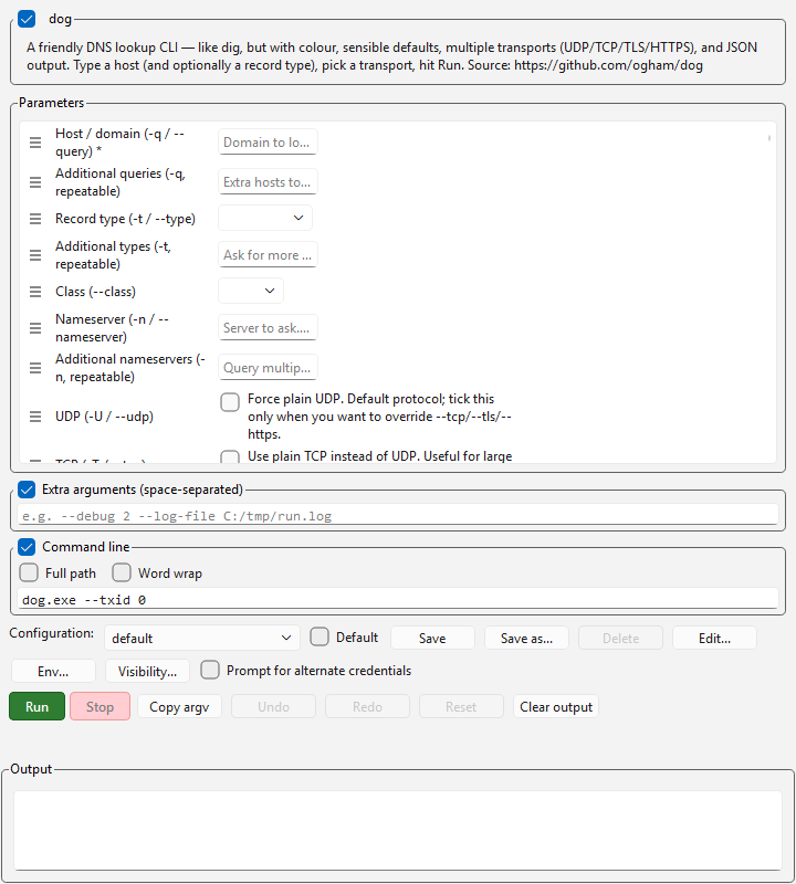 The `dog` DNS query tool as a form with fields for domain name, query type, and server selection.