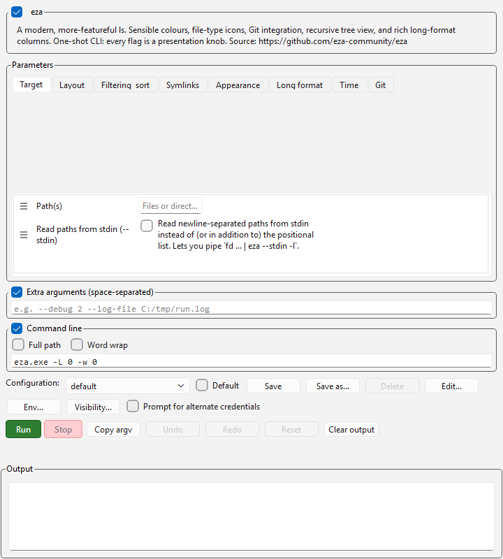 The `eza` file listing tool rendered as a form with field options for sorting, filtering, and display depth.