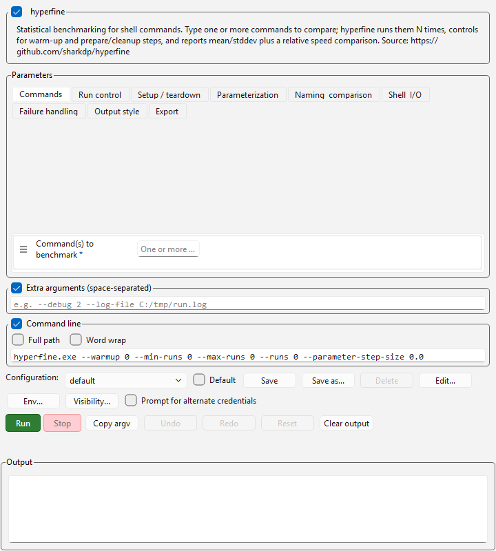 The `hyperfine` benchmarking tool as a form with fields for command entry, warmup runs, and output format selection.
