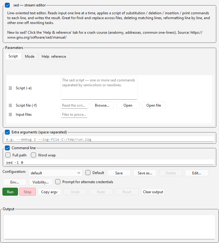 The `sed` stream editor as a form with fields for pattern, replacement text, file input, and substitution flags.